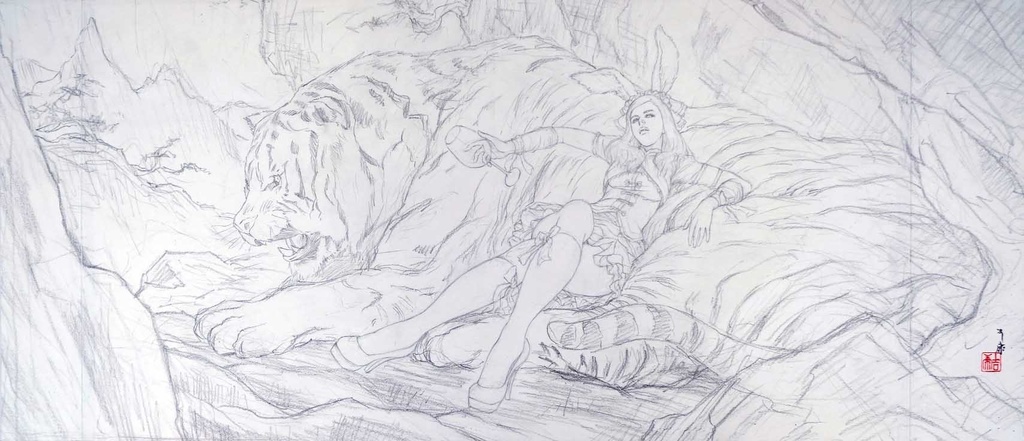 アングレーム国際漫画祭でのライブペイント「捨身飼虎図」のための下絵 鉛筆線画直筆素描 オリジナル1点