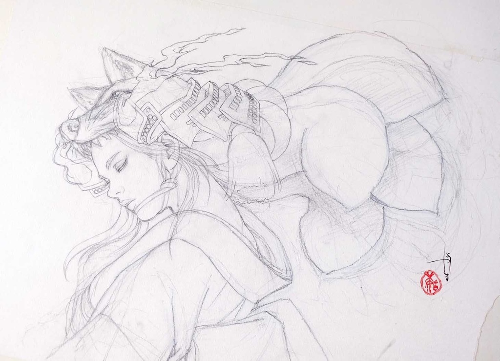 絵画「天狐Ⅱ」のための下絵 鉛筆線画直筆素描 オリジナル1点