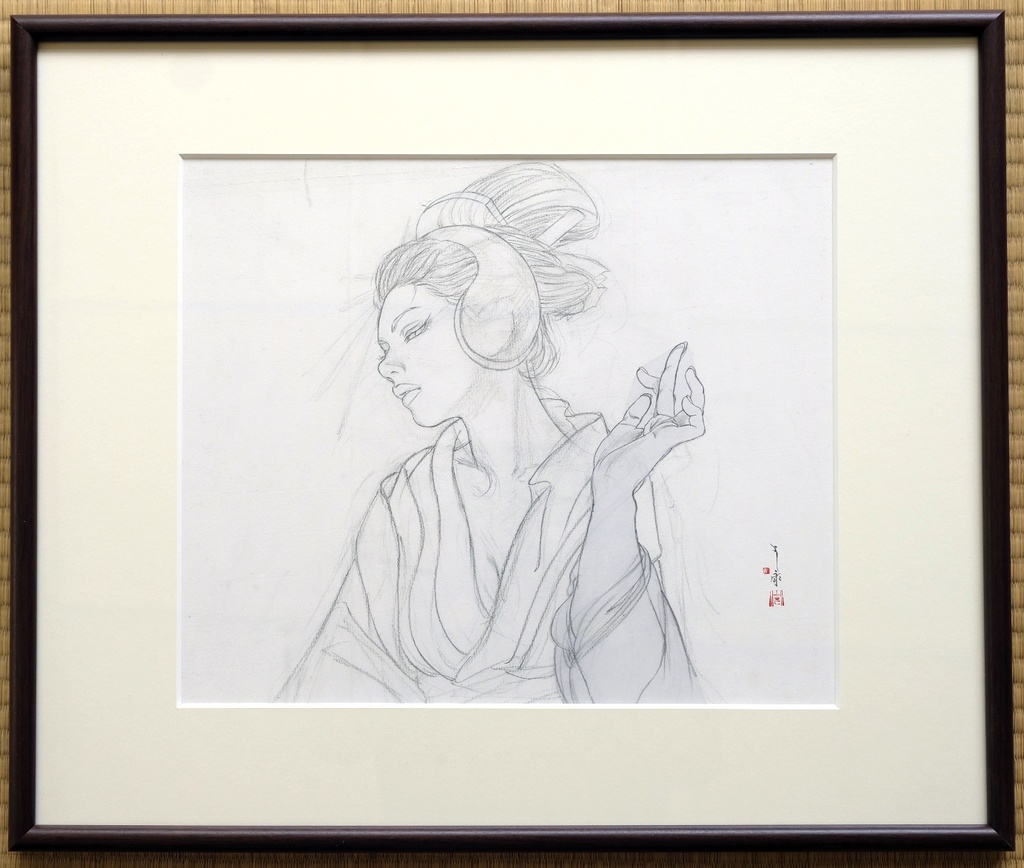 絵画「見立て弁天 鶴形脛骨簪」のための下絵　鉛筆線画直筆素描　ツナマヨさんモデル　オリジナル１点