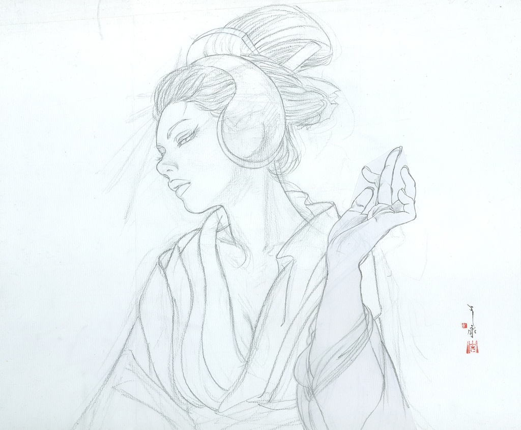 絵画「見立て弁天 鶴形脛骨簪」のための下絵 鉛筆線画直筆素描 ツナマヨさんモデル オリジナル1点