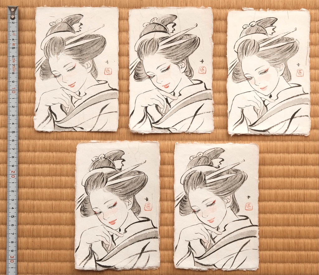 5枚限定 手漉き和紙葉書に墨・水彩で手描きの年賀状 額装無し