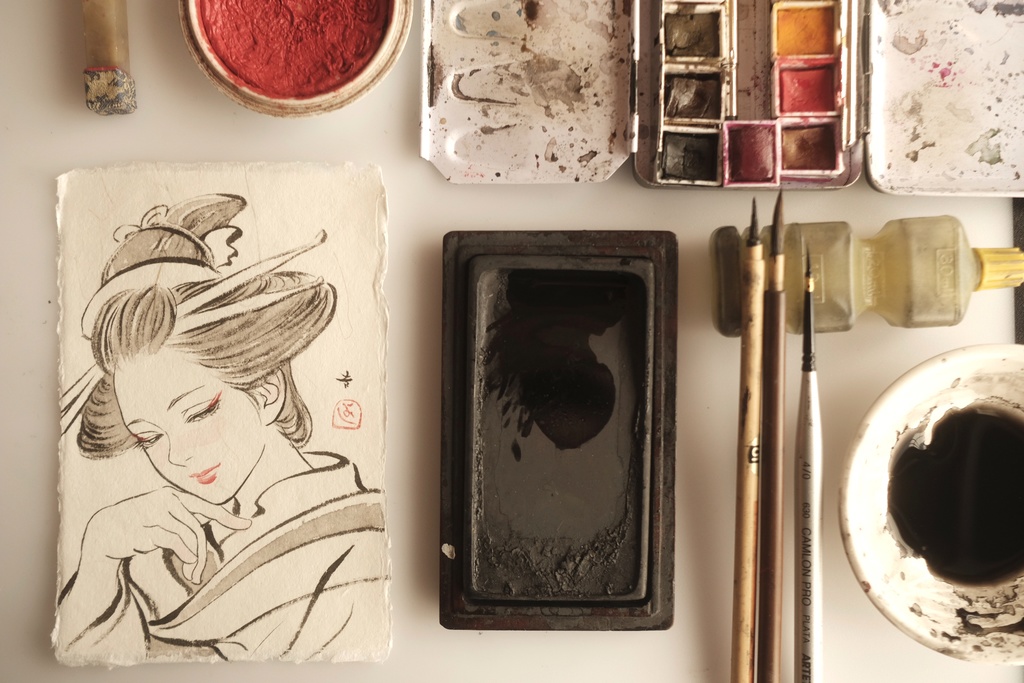 5枚限定 手漉き和紙葉書に墨・水彩で手描きの年賀状 額装無し