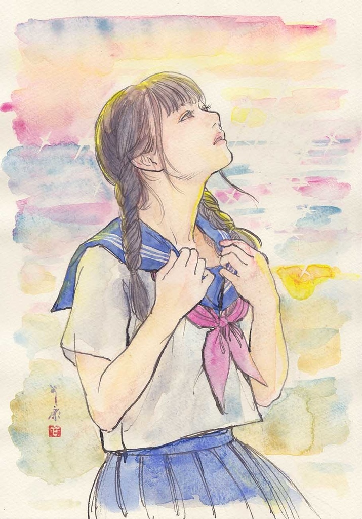 金銀蒔絵螺鈿「花月夜」のためのスケッチ ペン・水彩画直筆素描 オリジナル1点