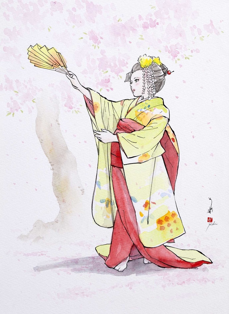 「春の舞」 ペン・水彩画直筆素描 オリジナル1点