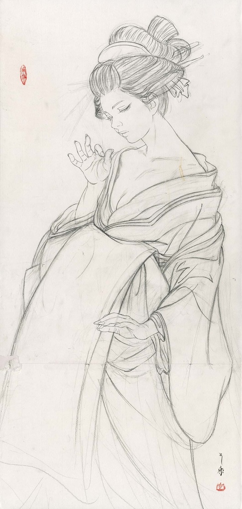 絵画「見立て月光」のための下絵 鉛筆線画直筆素描 オリジナル1点