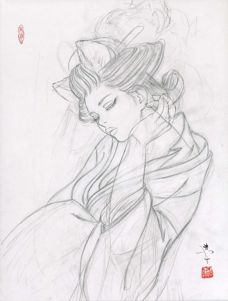 絵画「見立て義経千本桜 初音の鼓」のための下絵 鉛筆線画直筆素描 オリジナル1点