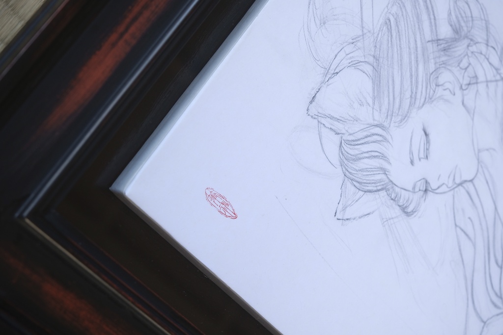 絵画「見立て義経千本桜 初音の鼓」のための下絵 鉛筆線画直筆素描 オリジナル1点