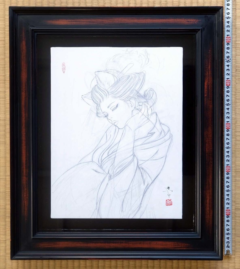 絵画「見立て義経千本桜 初音の鼓」のための下絵 鉛筆線画直筆素描 オリジナル1点