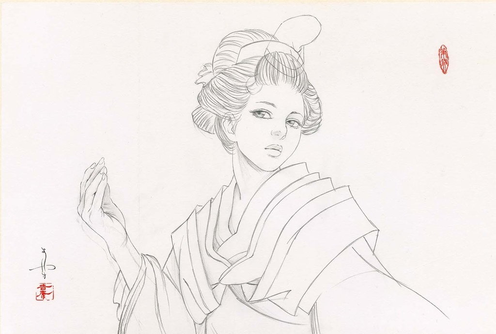 絵画「見立て源氏」のための下絵 鉛筆線画直筆素描 オリジナル1点