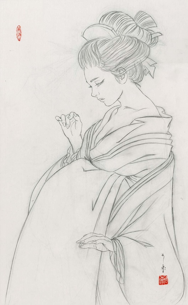 絵画「見立て日光」のための下絵 鉛筆線画直筆素描 オリジナル1点