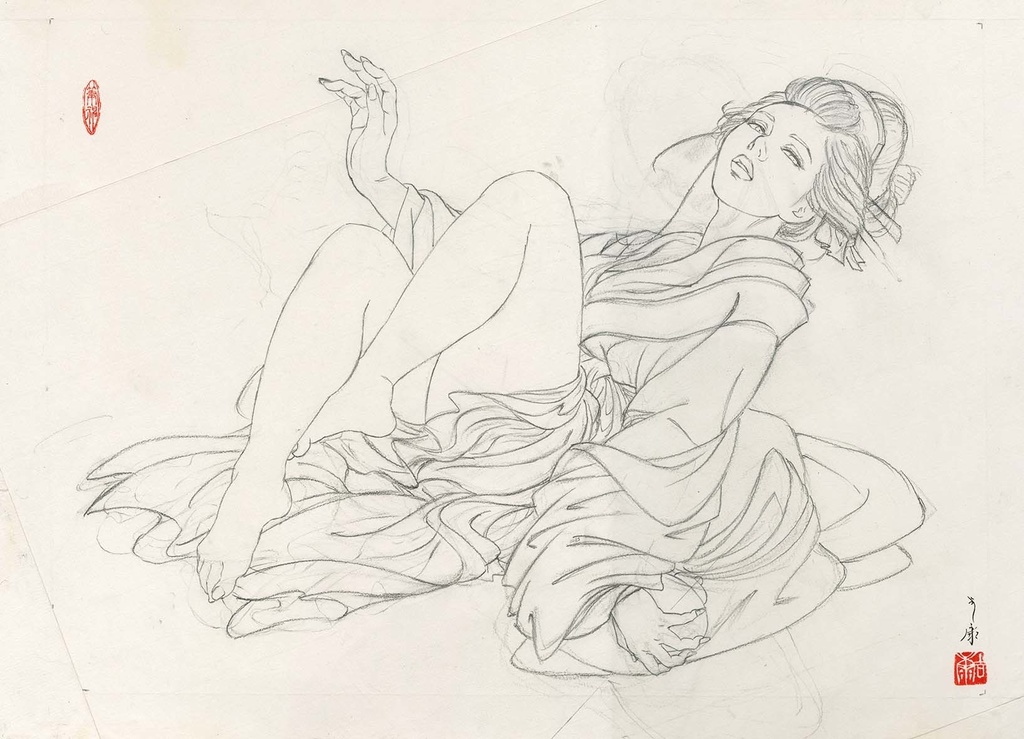 絵画「見立て七薬師」のための下絵 鉛筆線画直筆素描 オリジナル1点