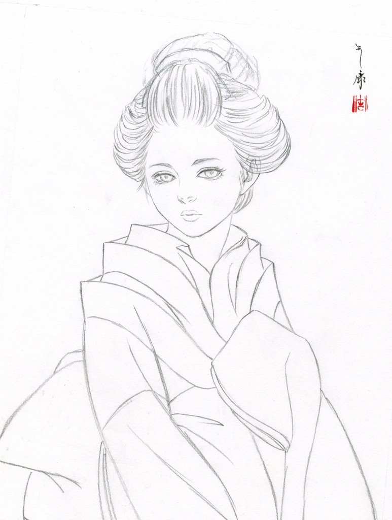 絵画「見立て姫山 春花」のための下絵 鉛筆線画直筆素描 オリジナル1点