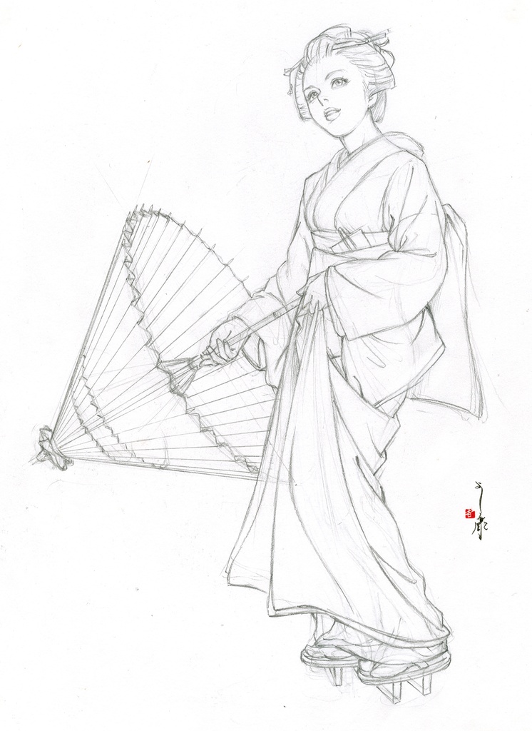 墨絵「虹」のための下絵 鉛筆線画直筆素描 オリジナル1点