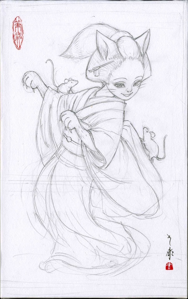 絵画「女狐」のための下絵 鉛筆線画直筆素描 オリジナル1点