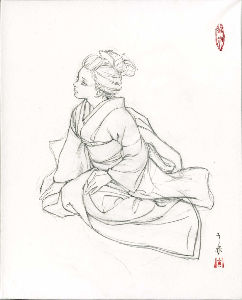 絵画「やつし稲荷」のためのスケッチ 鉛筆線画直筆素描 オリジナル1点