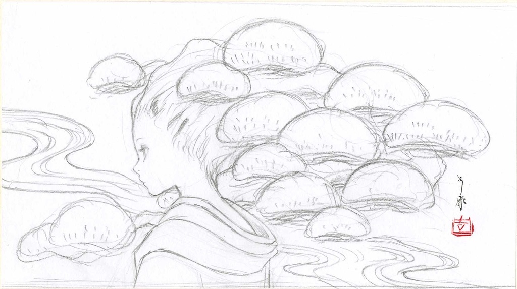 絵画「高田松原」のためのスケッチ 鉛筆線画直筆素描 オリジナル1点