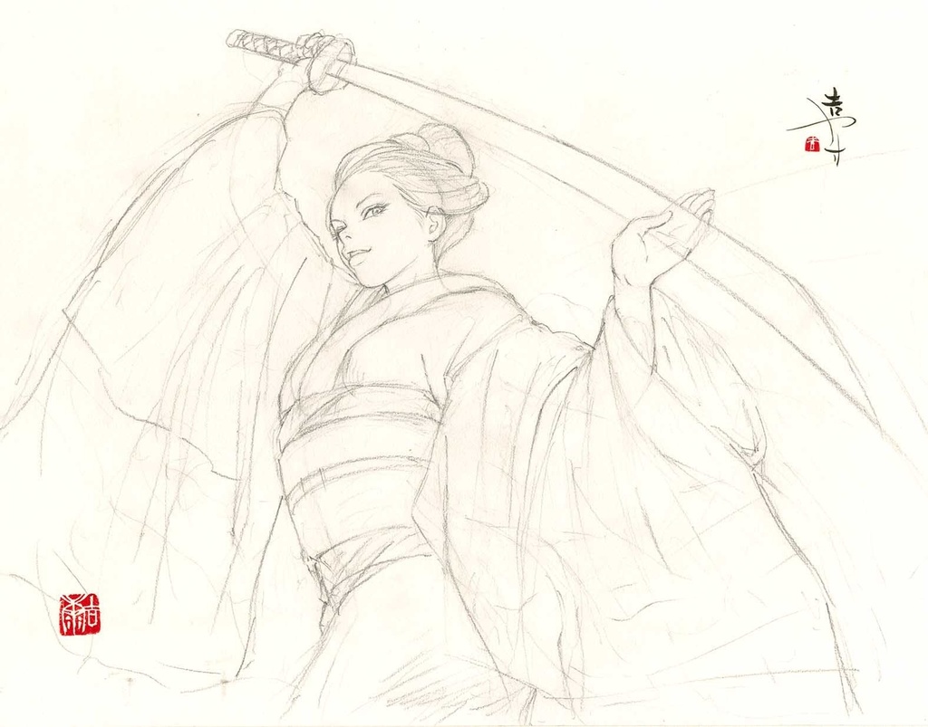 2015年フランス・アングレーム国際マンガ祭におけるライブペイントのための下絵 鉛筆線画直筆素描 オリジナル1点