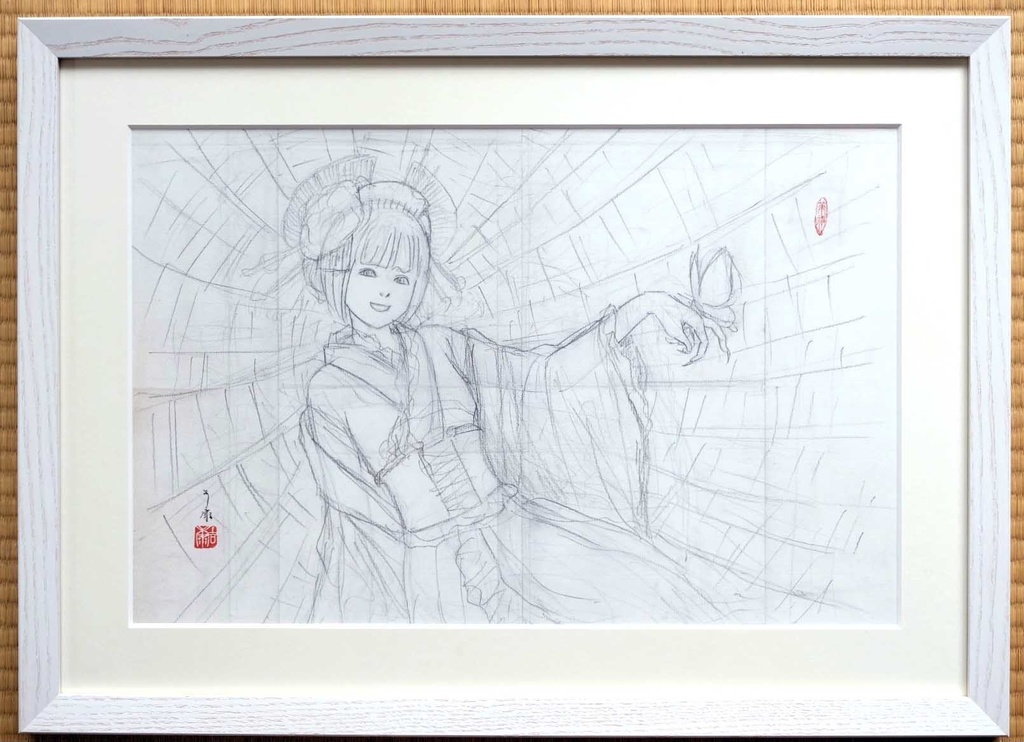 小林未郁さんCDアルバム「mika type ろ」のジャケット絵画「絡新婦」のためのスケッチ　鉛筆線画直筆素描　オリジナル１点