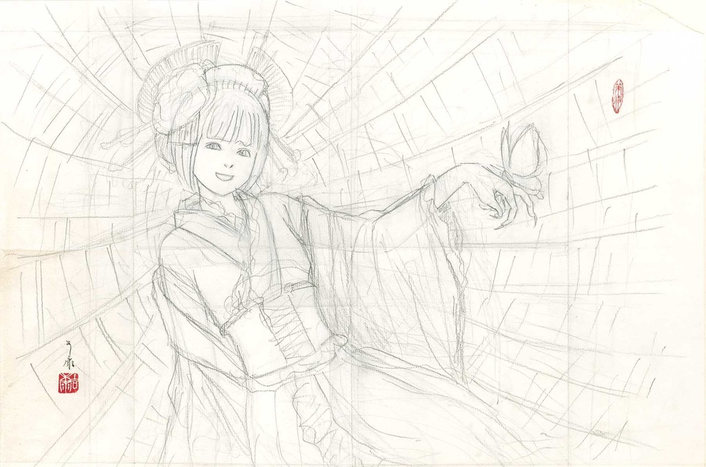 小林未郁さんCDアルバム「mika type ろ」のジャケット絵画「絡新婦」のためのスケッチ 鉛筆線画直筆素描 オリジナル1点