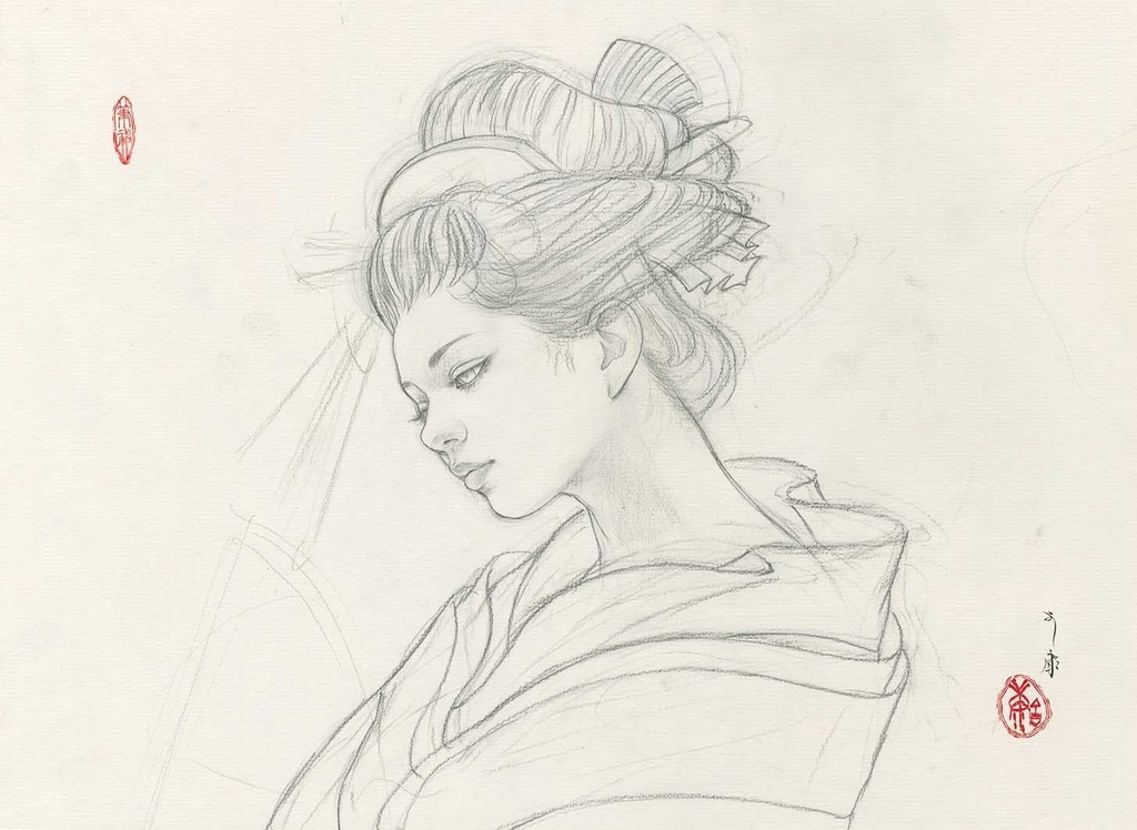 絵画「やつし権現」のための下絵 鉛筆線画直筆素描 オリジナル1点