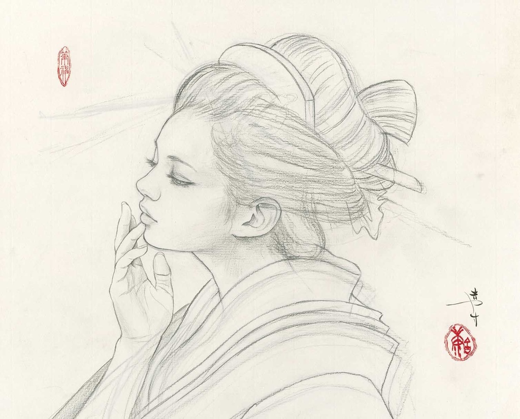 絵画「やつし太閤」のための下絵 鉛筆線画直筆素描 オリジナル1点