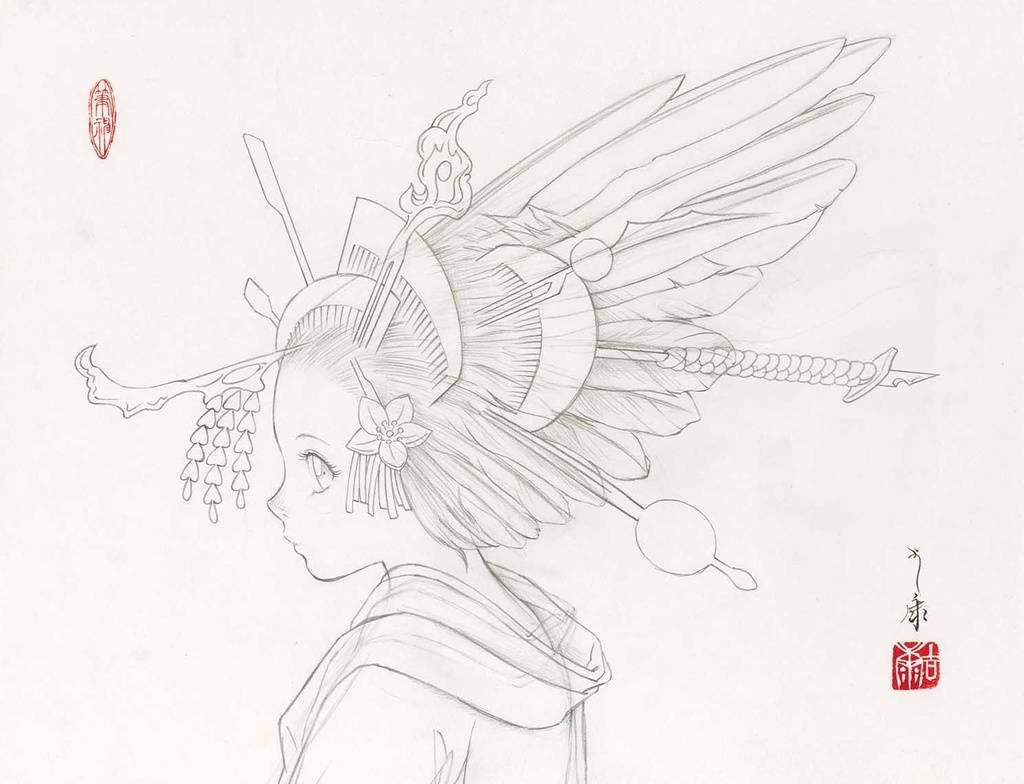 絵画「花簪」のための下絵 鉛筆線画直筆素描 オリジナル1点