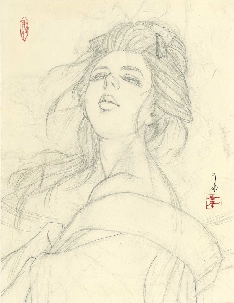 絵画「月下」のための下絵 鉛筆線画直筆素描 オリジナル1点