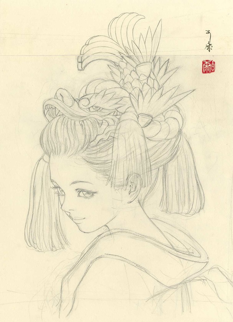 絵画「鯱」のための下絵 鉛筆線画直筆素描 オリジナル1点