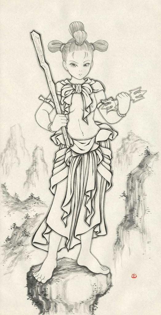 墨絵「制咜迦童子」のための下絵 鉛筆線画直筆素描 オリジナル1点
