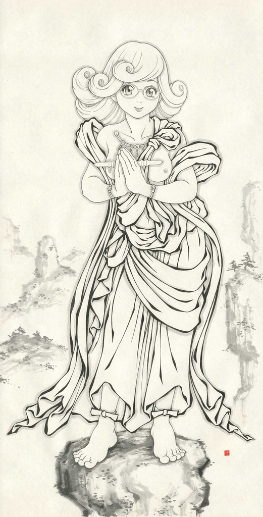 墨絵「矜羯羅童子」のための下絵 鉛筆線画直筆素描 オリジナル1点