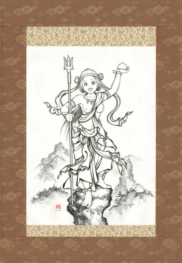 墨絵「恵喜童子」のための下絵 鉛筆線画直筆素描 オリジナル1点