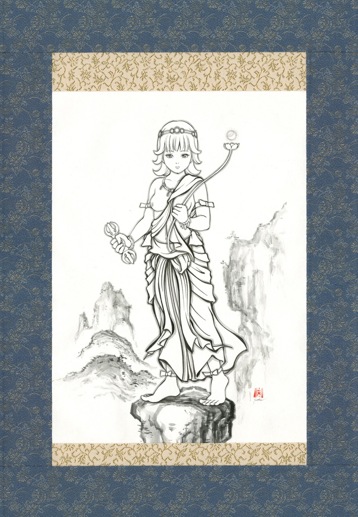 墨絵「恵光童子」のための下絵 鉛筆線画直筆素描 オリジナル1点