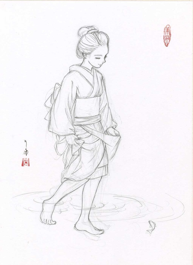 墨絵「水に遊ぶ」のための下絵 鉛筆線画直筆素描 オリジナル1点