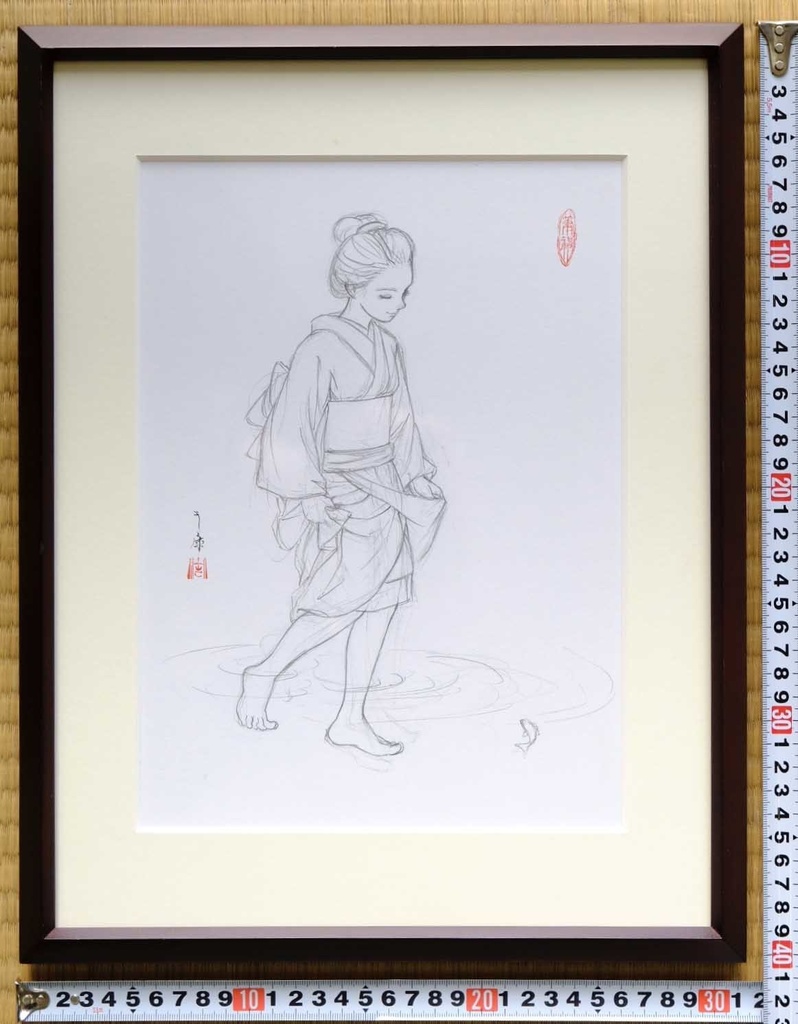 墨絵「水に遊ぶ」のための下絵 鉛筆線画直筆素描 オリジナル1点