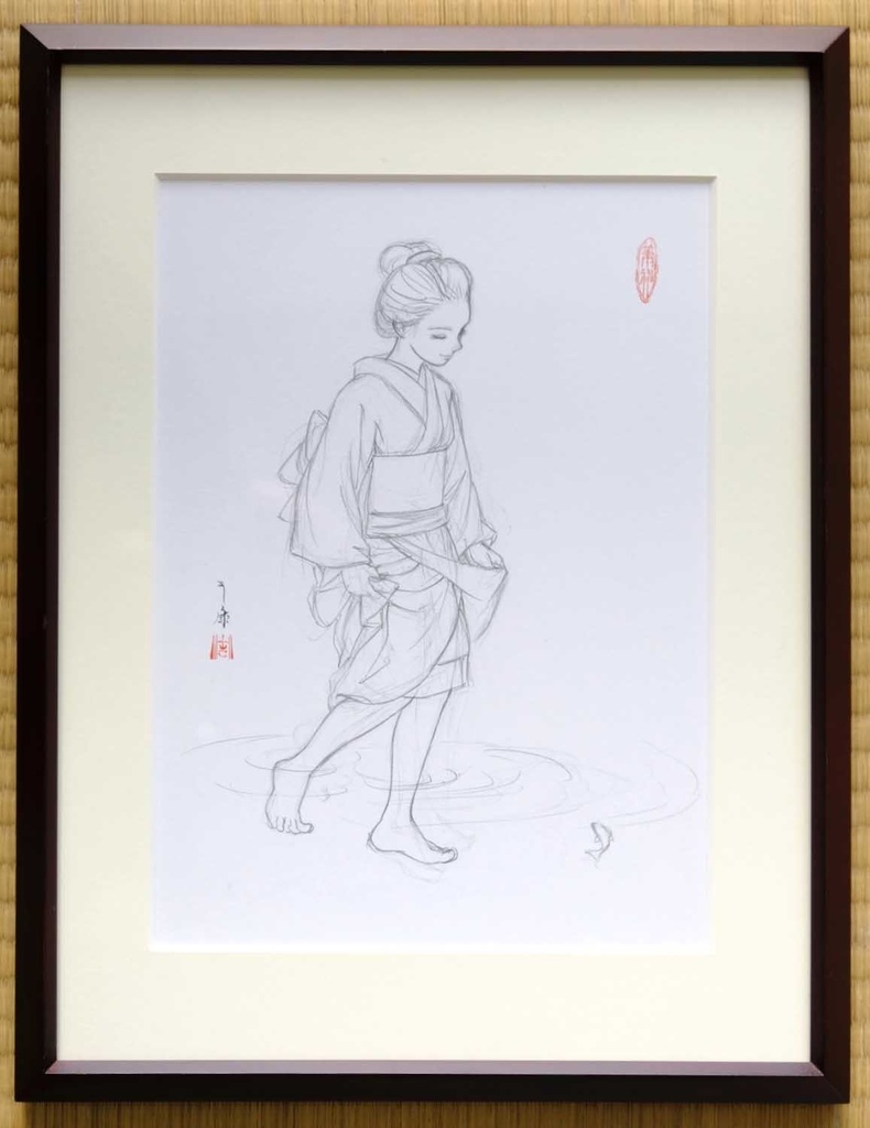 墨絵「水に遊ぶ」のための下絵　鉛筆線画直筆素描　オリジナル１点