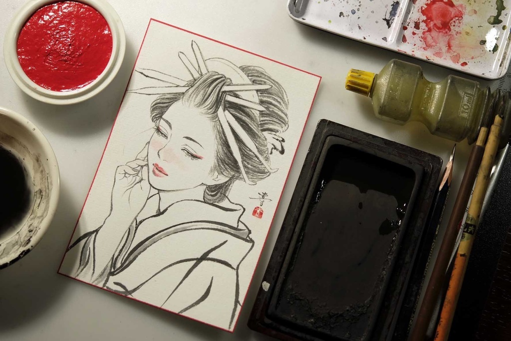 5枚限定 越前画仙紙葉書に墨・水彩で手描きの年賀状 令和4年 額装無し