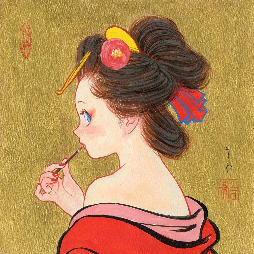 絵画「化粧」のための下絵 水彩・アクリル着彩画 直筆素描 オリジナル1点