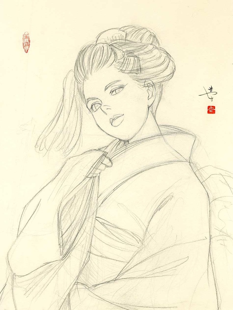 モロッコ王立図書館でのライブペイントのための下絵① 鉛筆線画直筆素描 オリジナル1点