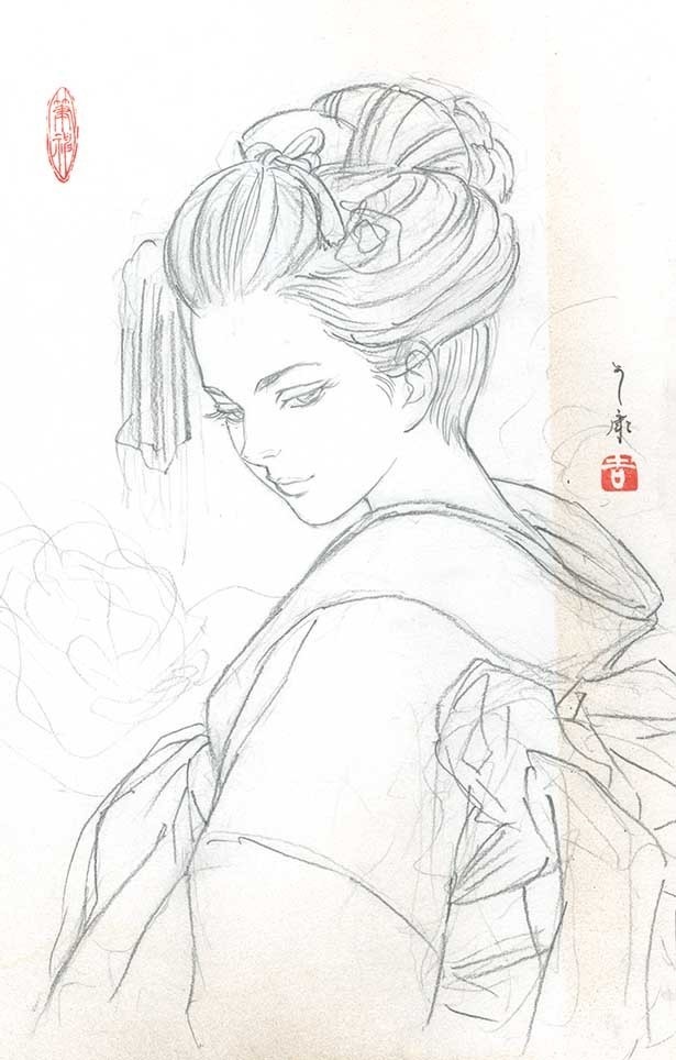 モロッコ王立図書館でのライブペイントのための下絵② 鉛筆線画直筆素描 オリジナル1点