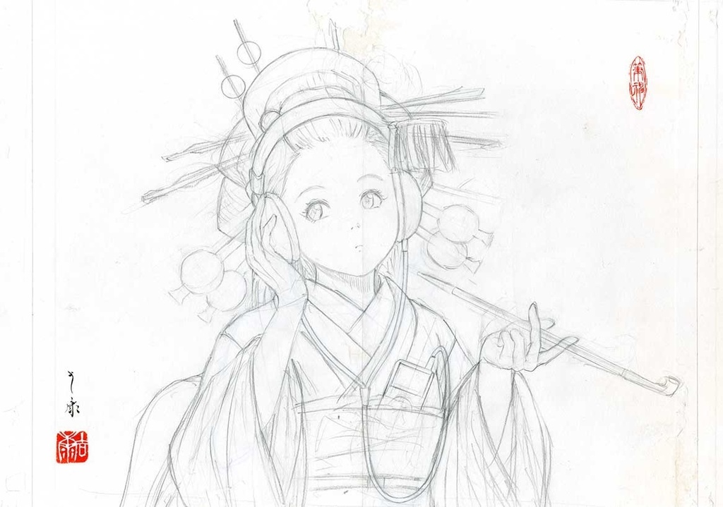 絵画「antenna」のための下絵 鉛筆線画直筆素描 オリジナル1点