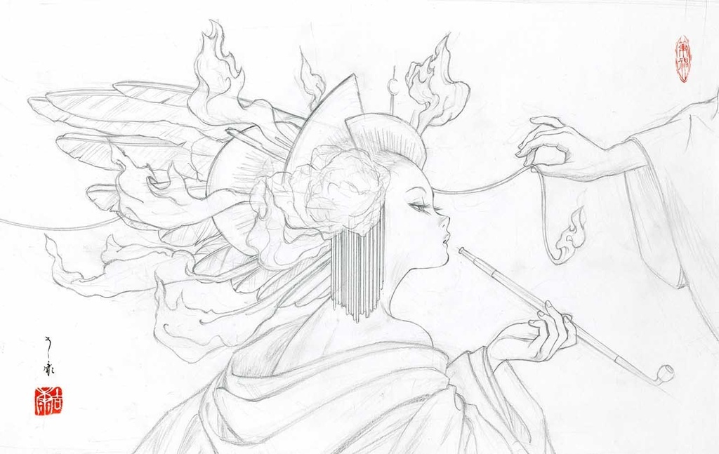 絵画「花簪」のための下絵 鉛筆線画直筆素描 オリジナル1点