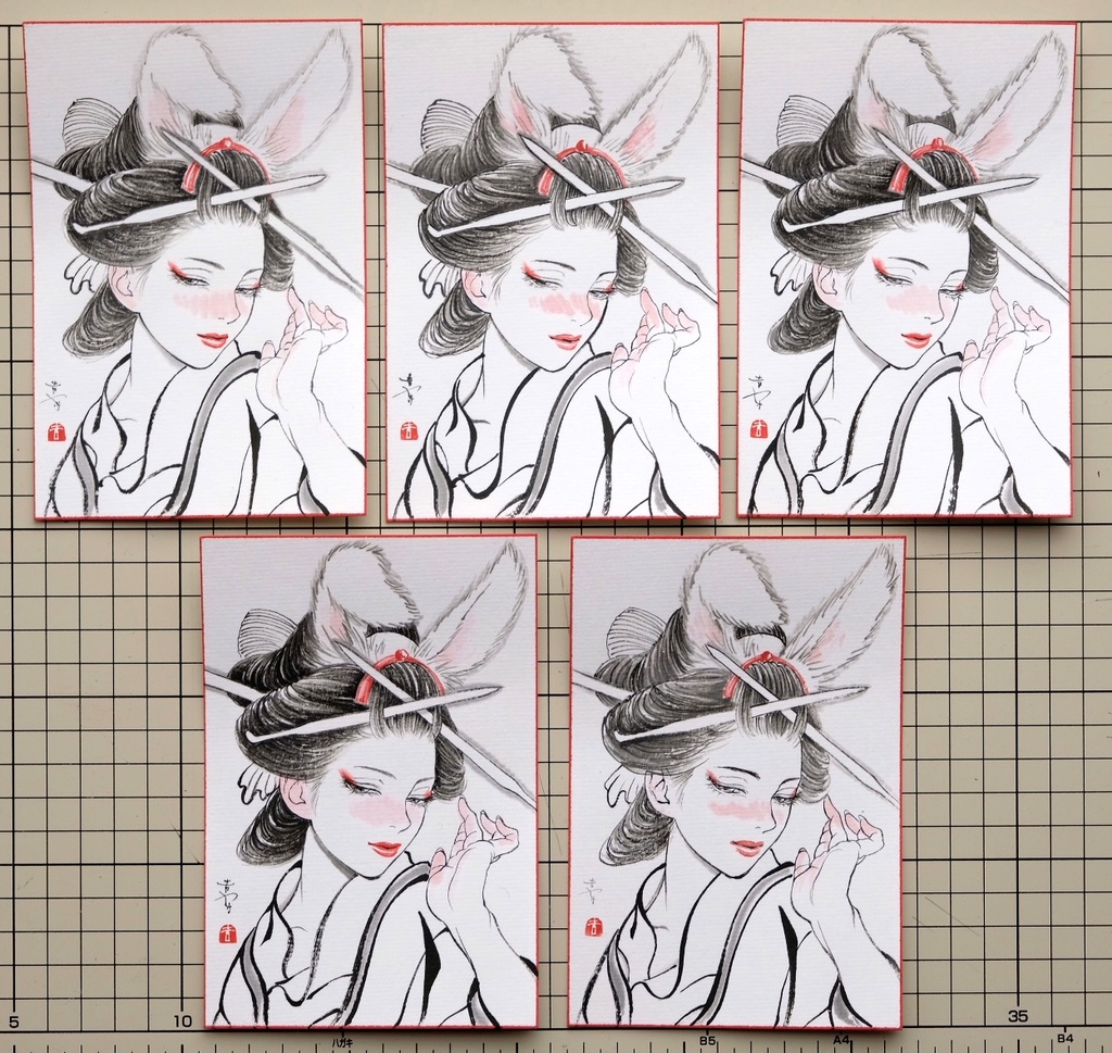 5枚限定 越前画仙紙葉書に墨・水彩で手描きの年賀状 令和伍年 額装無し