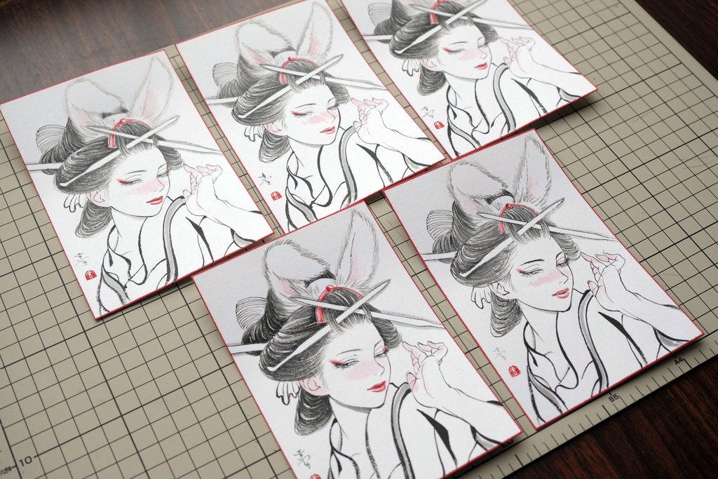 5枚限定 越前画仙紙葉書に墨・水彩で手描きの年賀状 令和伍年 額装無し