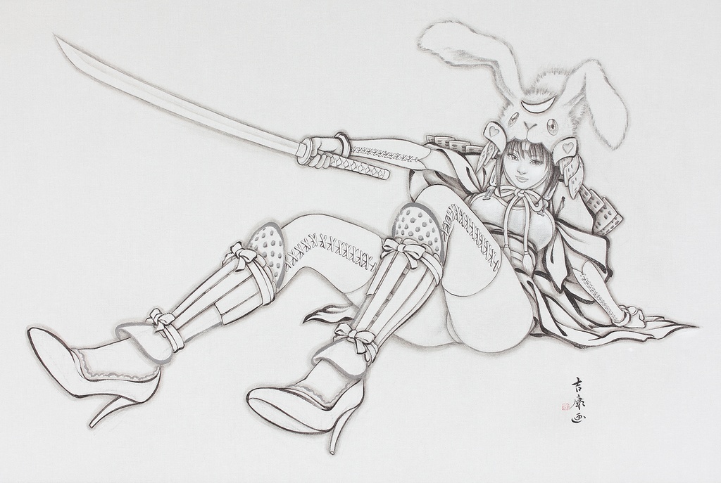 絵画「兎兜」 カンバスにアクリル 2014年フィレンツェ メディチ・リカルディ宮殿でのライブペイント 直筆オリジナル1点