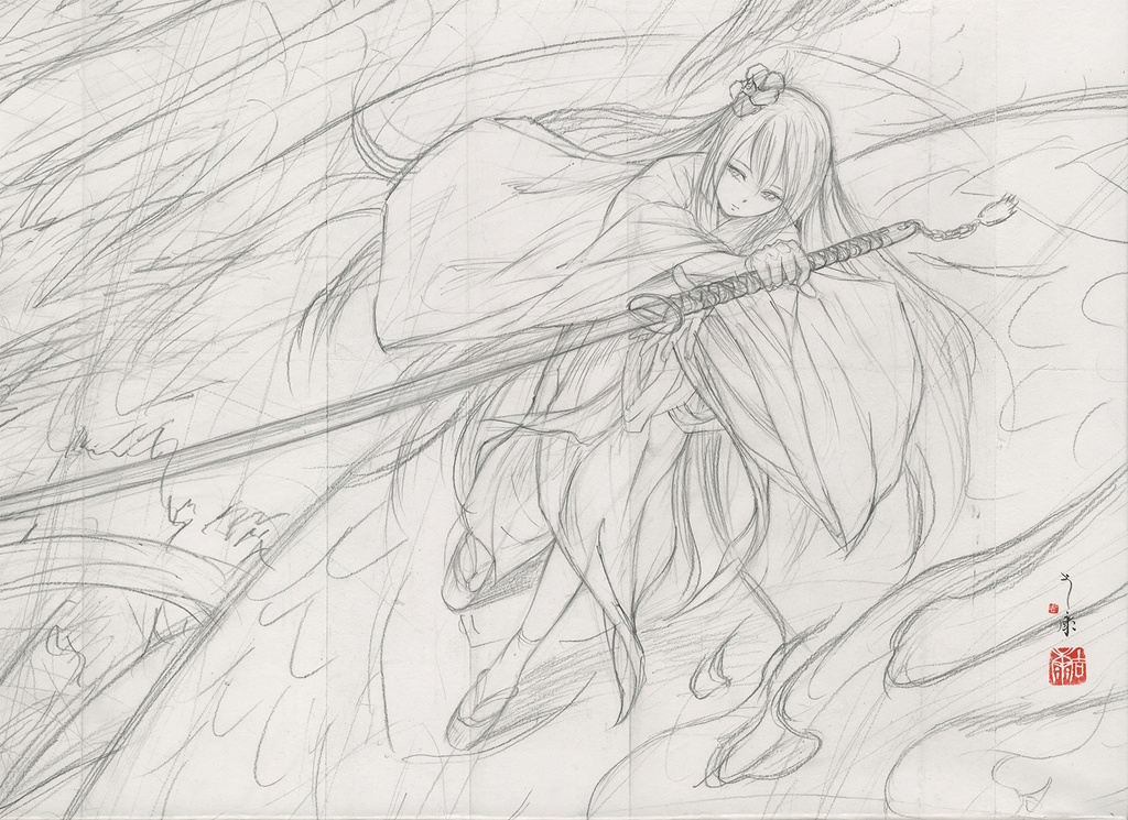 マンガ「筆神」連載前後に描いたスケッチ 鉛筆線画直筆素描 オリジナル1点