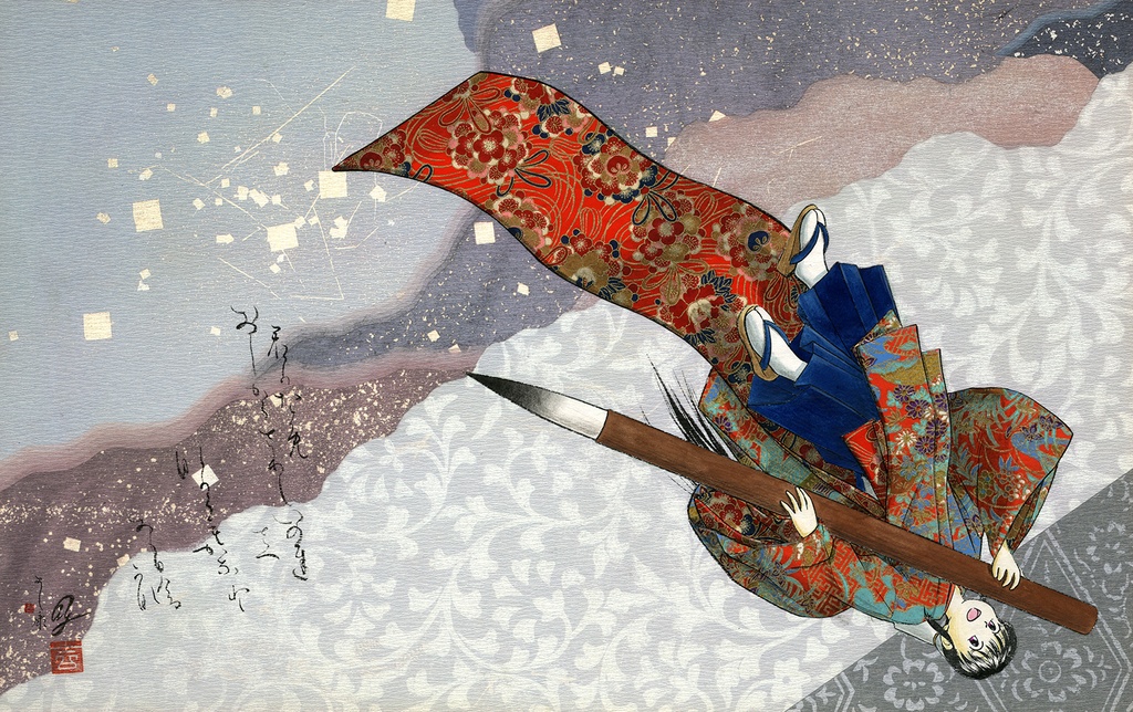 マンガ「筆神」連載前後に描いたイメージボード2枚 コラージュ・彩色・直筆素描 オリジナル1組額装