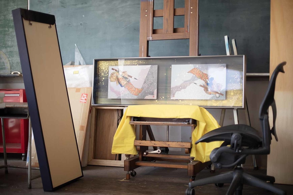 マンガ「筆神」連載前後に描いたイメージボード2枚 コラージュ・彩色・直筆素描 オリジナル1組額装