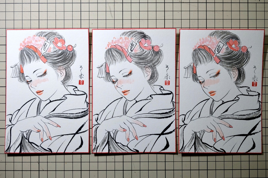 3枚限定 越前画仙紙葉書に墨・水彩で手描きの年賀状 令和6年 額装無し