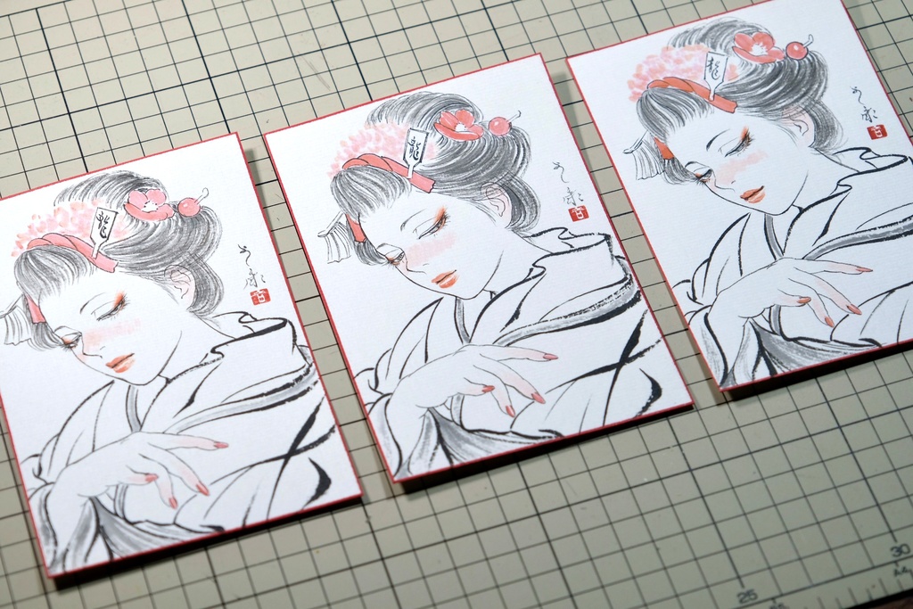 3枚限定 越前画仙紙葉書に墨・水彩で手描きの年賀状 令和6年 額装無し