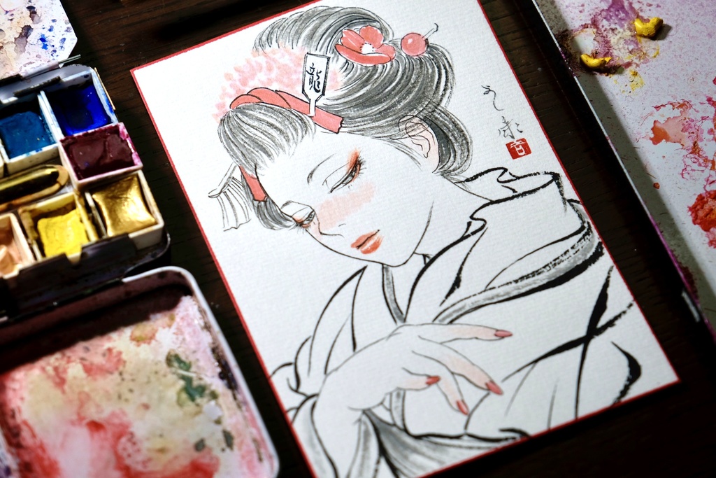 3枚限定 越前画仙紙葉書に墨・水彩で手描きの年賀状 令和6年 額装無し